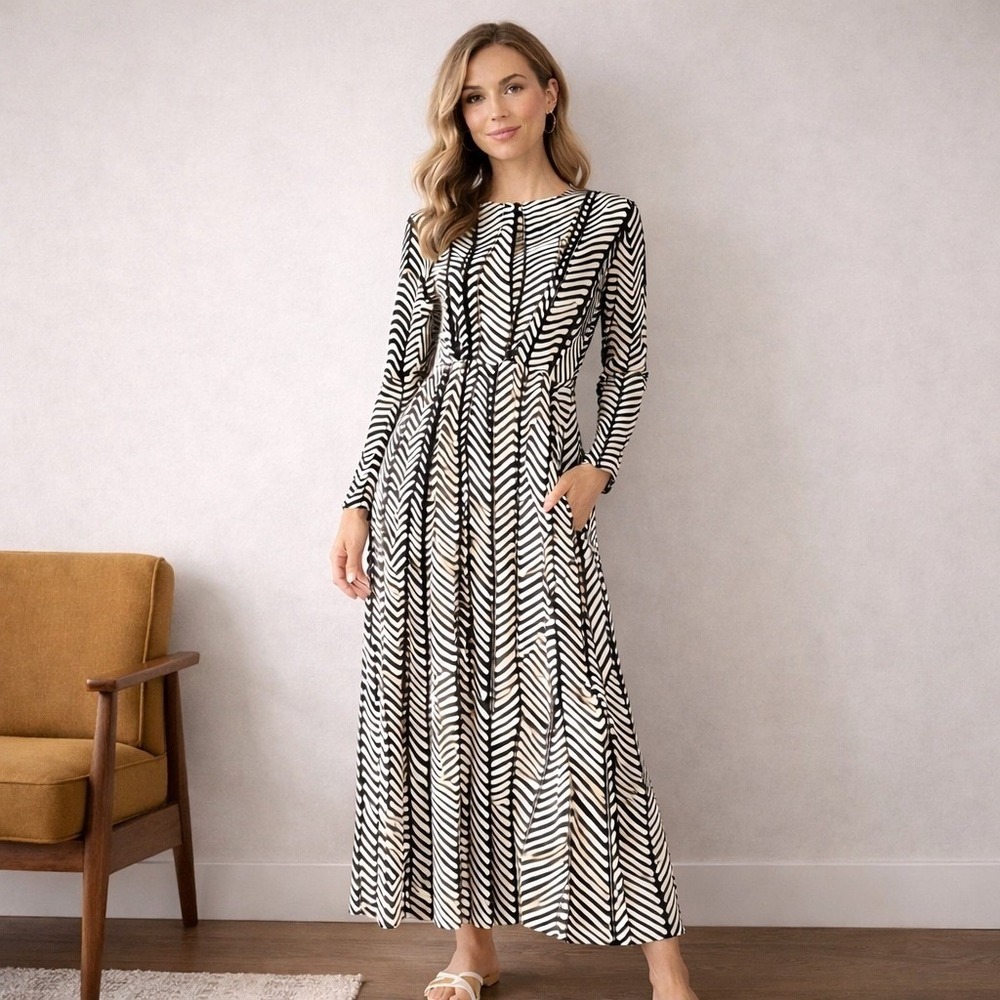 Du Paradis Geometric Maxi Dress | Size Small | Long Sleeve Vintage Style